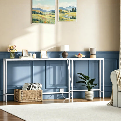 YATINEY Slim Console Table, 200 cm Narrow Sofa Table with Power Outlets, Behind Entryway Table, 3 Assembly Options, for Entryway, White XCT17KWW