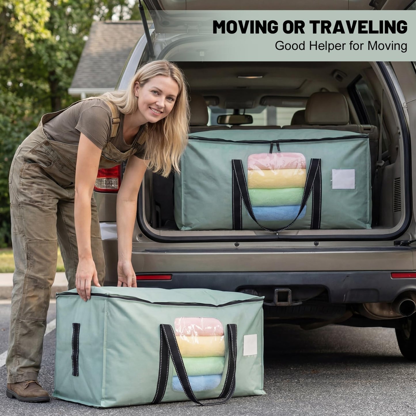 6 Pack 90L Moving Bags Clothes Storage Bags with View Window for Dorm,Green