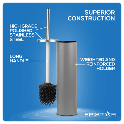 EPISTAR Silicone Toilet Brush & Holder Set - Stainless Steel - Replacement Heads Available - 45cm Tall - Toilet Brush Silicone with Long Handle (Grey)