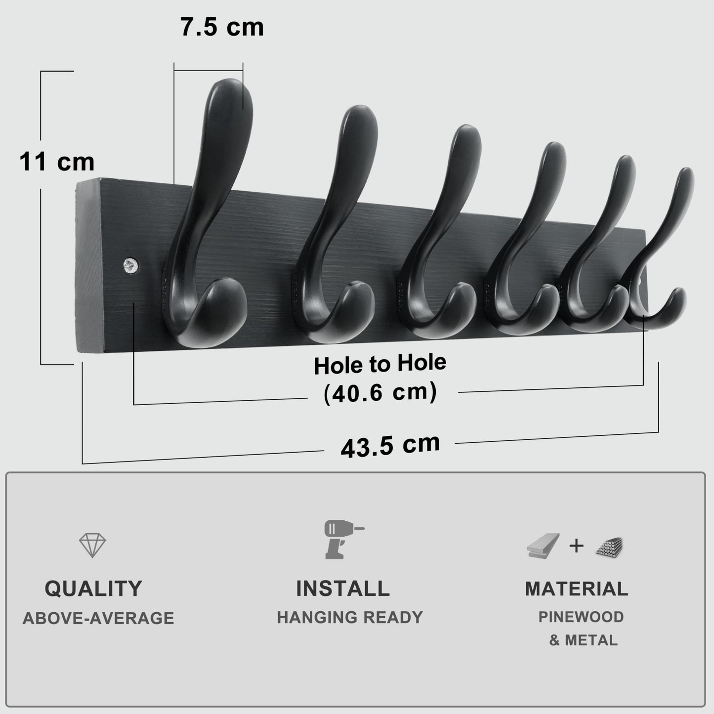 HONSKY Wall Coat Rack, 43cm Wooden Coat Hanger with 6 Double Hooks,Wall Coat Hook,Towel Rack Hanging Coat,Towel,Bag for Entryway, Hallway, Bedroom