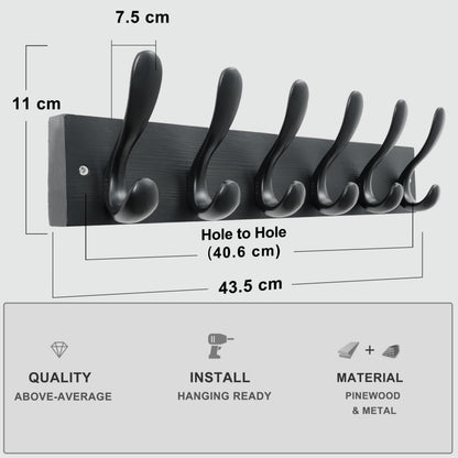 HONSKY Wall Coat Rack, 43cm Wooden Coat Hanger with 6 Double Hooks,Wall Coat Hook,Towel Rack Hanging Coat,Towel,Bag for Entryway, Hallway, Bedroom