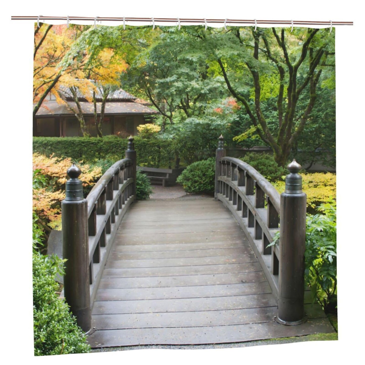 Newhomestyle Wooden Bridge Outdoor Garden Shower Curtain, Quick-Drying Waterproof Outdoor Garden Decoration, Summer Autumn Bath Curtain with 12 Hooks