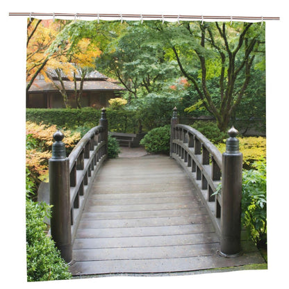 Newhomestyle Wooden Bridge Outdoor Garden Shower Curtain, Quick-Drying Waterproof Outdoor Garden Decoration, Summer Autumn Bath Curtain with 12 Hooks