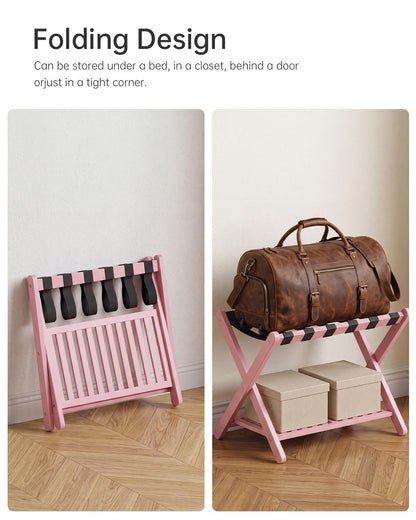 SMIBUY Luggage Rack, Set of 2, Foldable Bamboo Suitcase Stand with Storage Shelf for Guest Room, Bedroom, Hotel, Heavy-Duty (Pink)