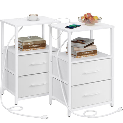 TUTOTAK Bedside Table with Charging Station, Side Table with 2 USB Ports and Outlets, Nightstand with Cloth Drawer, Set of 2, End Table