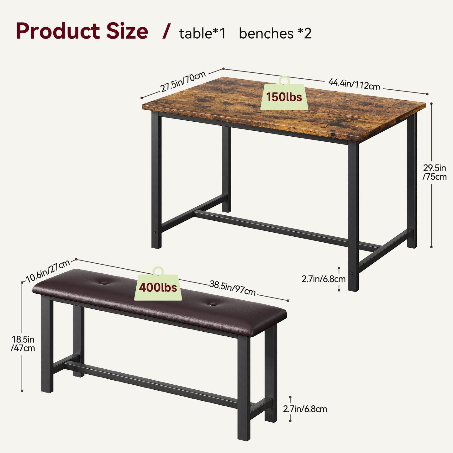 GarveeHome Dining Table with 2 Benches, 3 Piece Kitchen Table Set, Space Saving Dining Room Furniture, Metal Frame