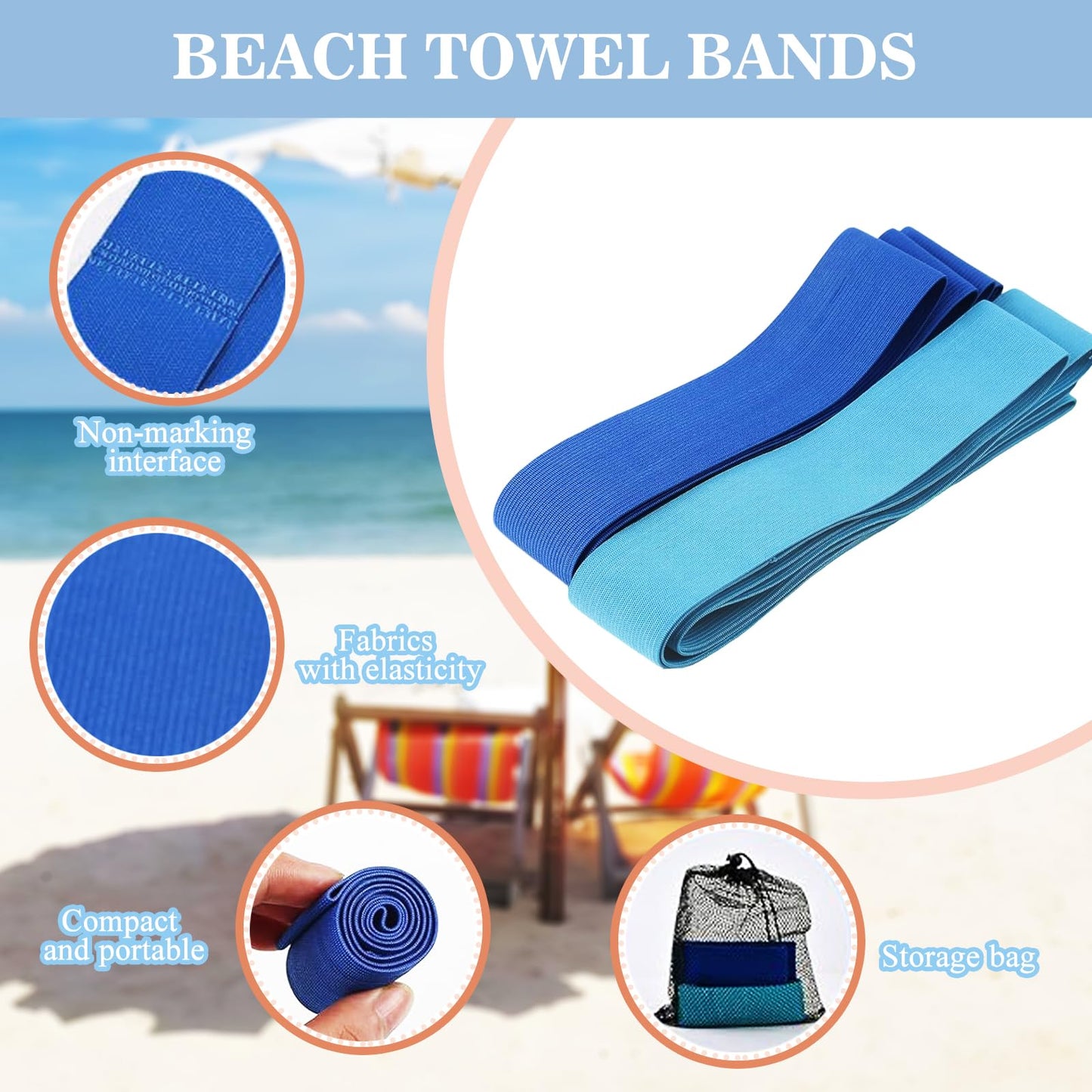 4 Pcs Beach Towel Bands for Sun Loungers, Elastic Windproof Sunbed Towel Straps, Non-Slip Chair Towel Holder for Pool, Beach, Cruise Chairs
