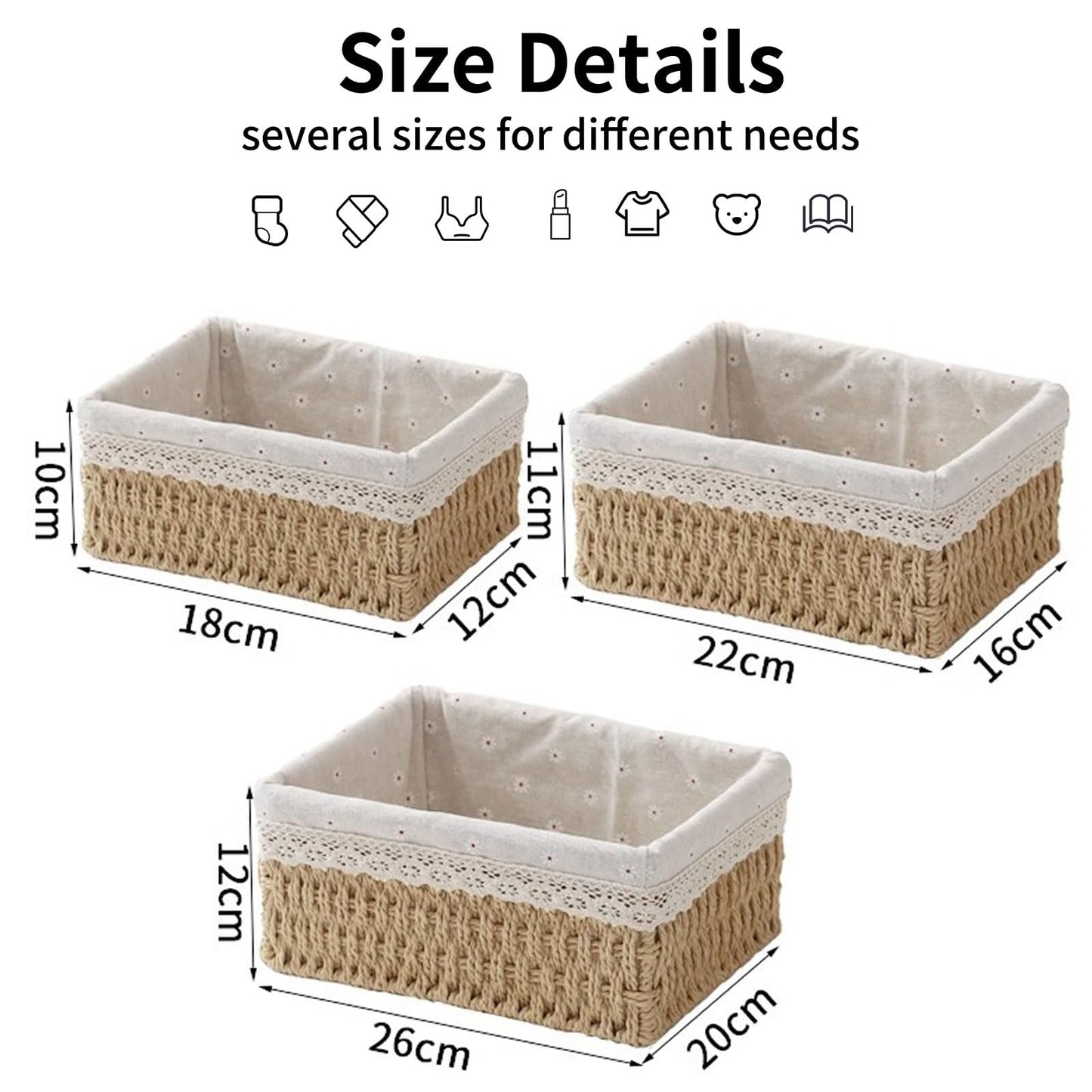 Set of 3 Storage Baskets, 3 Sizes Wicker Bathroom Basket
