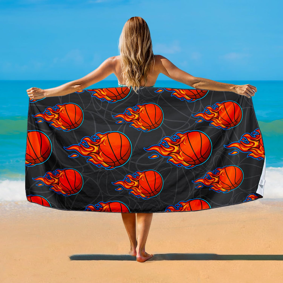 Violetpos Flaming Basketball Beach Towel, Extra Large 180x90 cm 250GSM Microfibre, Sand Free Quick Dry
