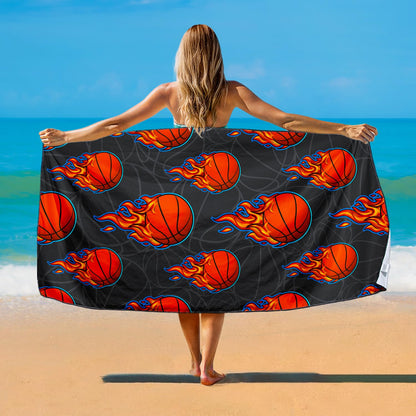 Violetpos Flaming Basketball Beach Towel, Extra Large 180x90 cm 250GSM Microfibre, Sand Free Quick Dry