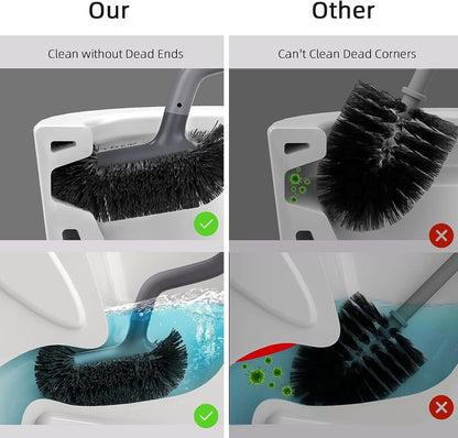 HAMITOR Toilet Bowl Brush Holder Set: Bathroom Deep Cleaning Toilet Cleaner Scrubber Under Rim with Curved Bristle for Dead Corner Clean