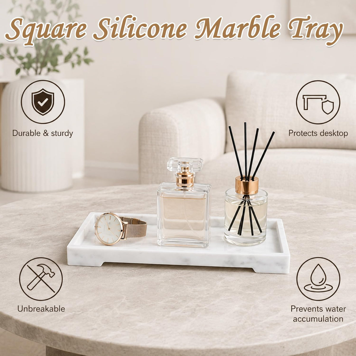 Marble Tray, Silicone Bathroom Tray, Rectangular Tray Organiser, Mold-proof, Space Saving Decorative Countertop Tays for Bathroom Vanity Kitchen