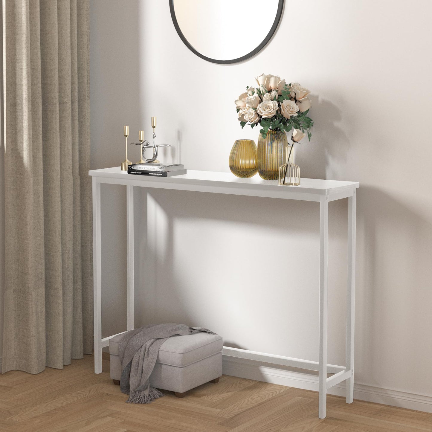 VASMIA Console Table, Slim Entryway Table, Narrow Sofa Table, 100cm Bamboo Hallway Table for Entryway, Living Room, Bedroom, Foyer, White