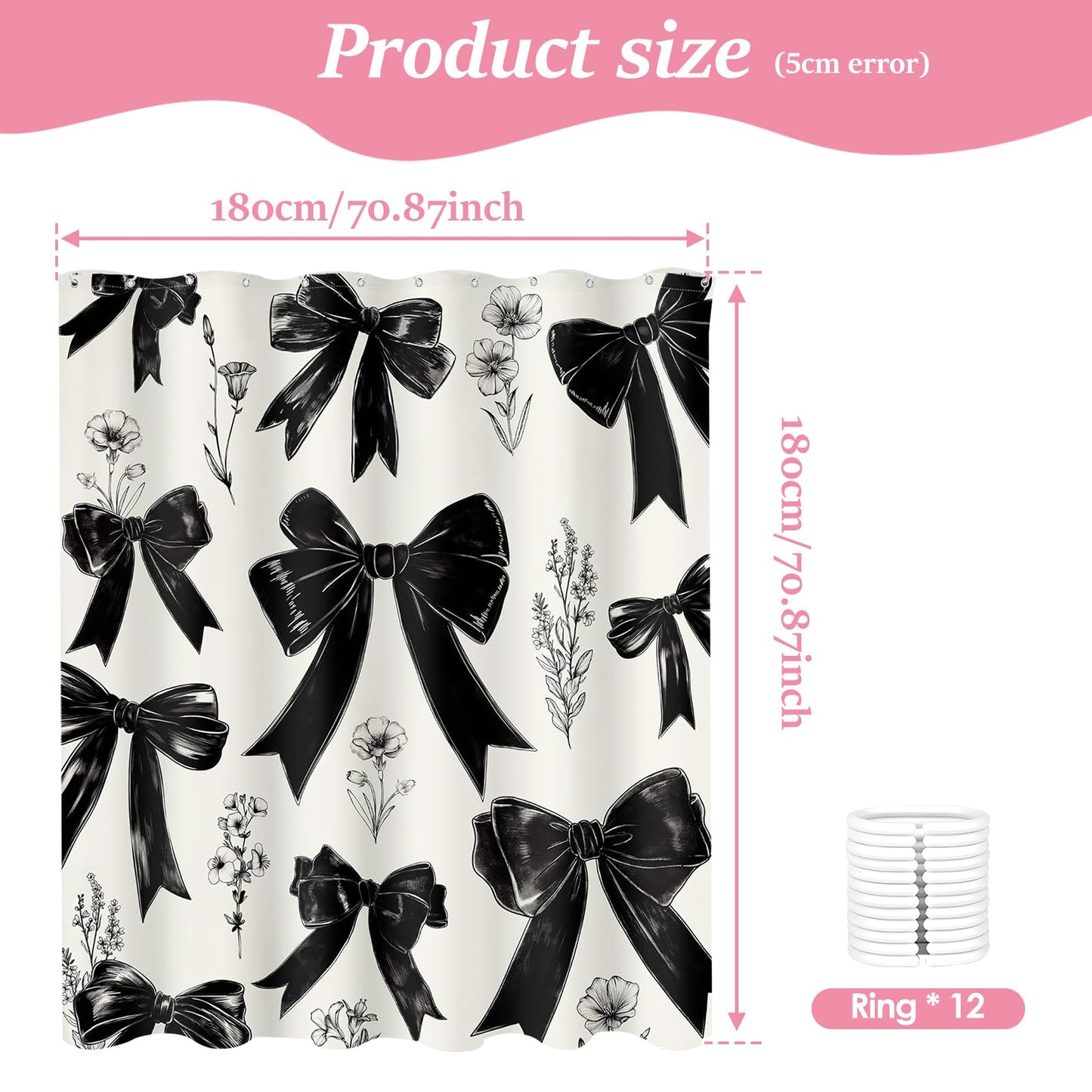 VAVPUP Bow & Floral Shower Curtain Waterproof with 12 Reinforced Hooks Digital Printed Waterproof Polyester Bath Curtain,Mold Resistant & Machine