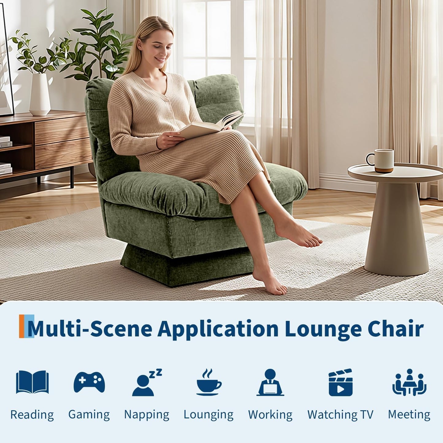 CuteHairy Oversized Swivel Accent Chair – Modern Chenille Cuddle Armchair with Plush Cushion & 360° Rotating Base, 136kg Capacity