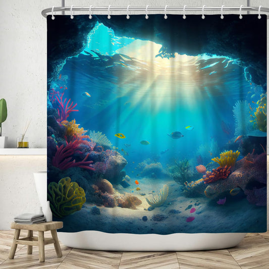 ASDCXZ Sea Floor Shower Curtain 180x200 cm, Blue Deep Sea Ocean Colorful Underwater World Sea Fish Coral Washable Shower Curtains Polyester Textile