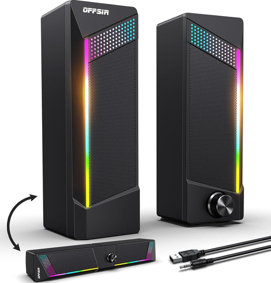 Computer Speakers, 2 in 1 PC Speaker, Gaming Speakers for PC Computer Laptop Desktop Monitor, RGB Speakers with Touch Sensitive Lighting, USB Powered