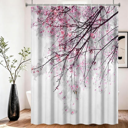 Xiaoterna Spring Shower Curtain Cherry Blossom Shower Curtain Red Plum Floral Bathroom Curtain Chinese Oriental Ink Painting Floral Shower Curtain