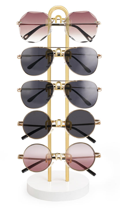 Mkono Sunglasses Organizer Glasses Holder Stand Sunglass Storage Eyeglasses Rack Metal Frame with Wood Base for 5 Pairs of Eyewear Display for Table