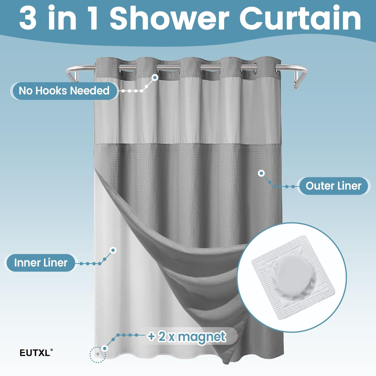 EUTXL Grey Shower Curtain and Liner Set - 230GSM Waffle Weave Textured Heavy Duty,Hotel Luxury Weighted Bath Curtain,71W x 74H
