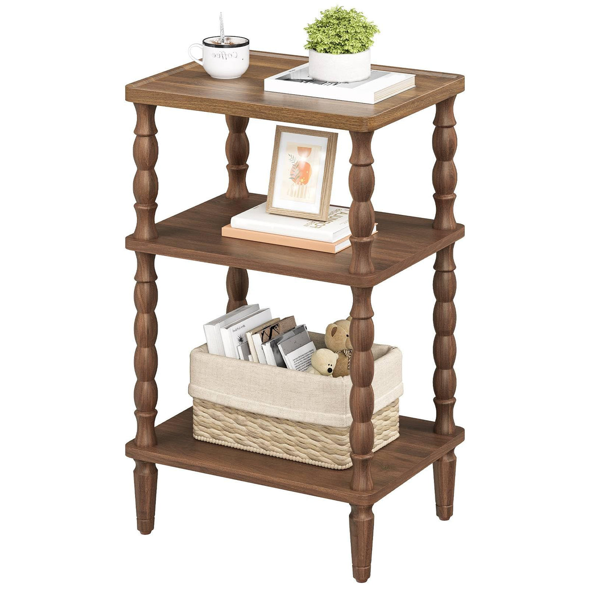 HOOBRO Side Table, 3-Tier Small Table with Solid Wood Legs, Retro Bedside Table Sofa Table with Open Shelf, Nightstand, Accent Table for Small Space