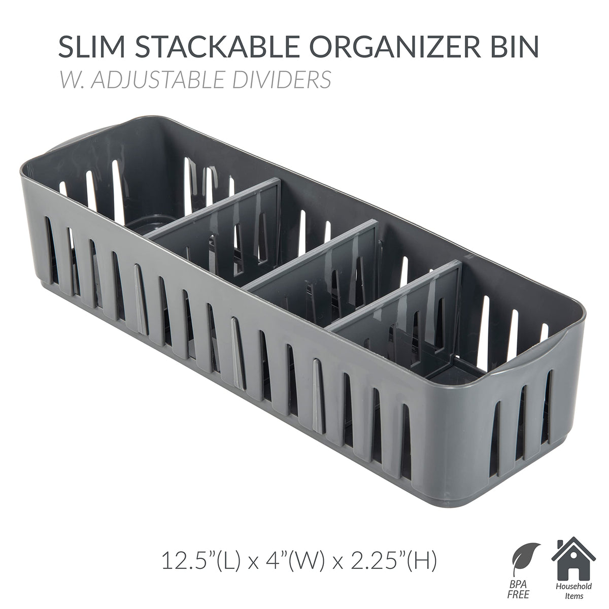 Simplify Stackable Organizer Bin with Adjustable Dividers, 4 Compartment Storage Basket, Good for Office, Home & Dorm, Polypropylene, Grey, 1 Pack