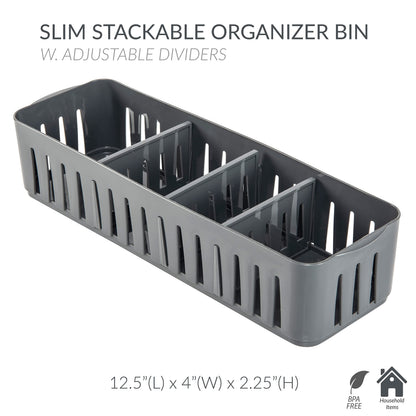 Simplify Stackable Organizer Bin with Adjustable Dividers, 4 Compartment Storage Basket, Good for Office, Home & Dorm, Polypropylene, Grey, 1 Pack