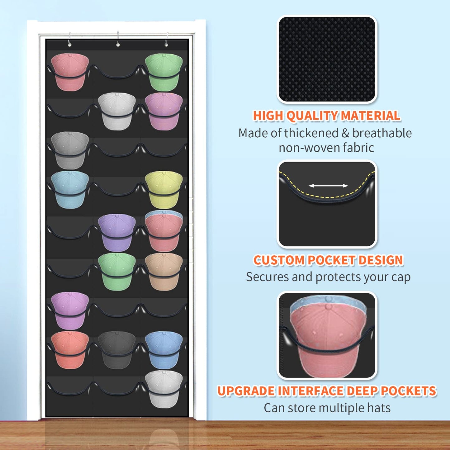 clbutge Baseball Cap Organizer, 27 Pocket Over The Door Hat Rack, Clear PVC Pockets, Fitted Hat Storage, Wall Mount Bag, Hat Holder Hanger