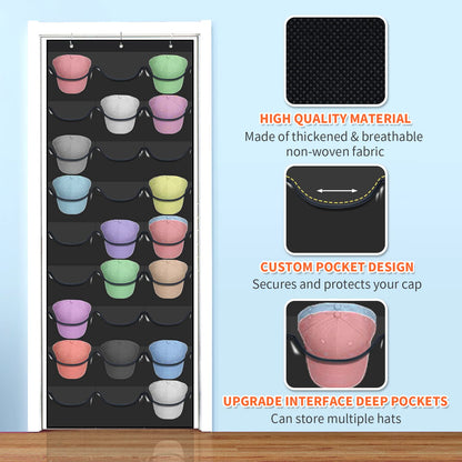 clbutge Baseball Cap Organizer, 27 Pocket Over The Door Hat Rack, Clear PVC Pockets, Fitted Hat Storage, Wall Mount Bag, Hat Holder Hanger