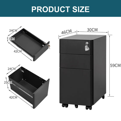 LVSTEEL Lockable 3-Drawer Metal Filing Cabinet on Wheels, Fully Assembled Mobile Office Storage for A4/Letter/Legal
