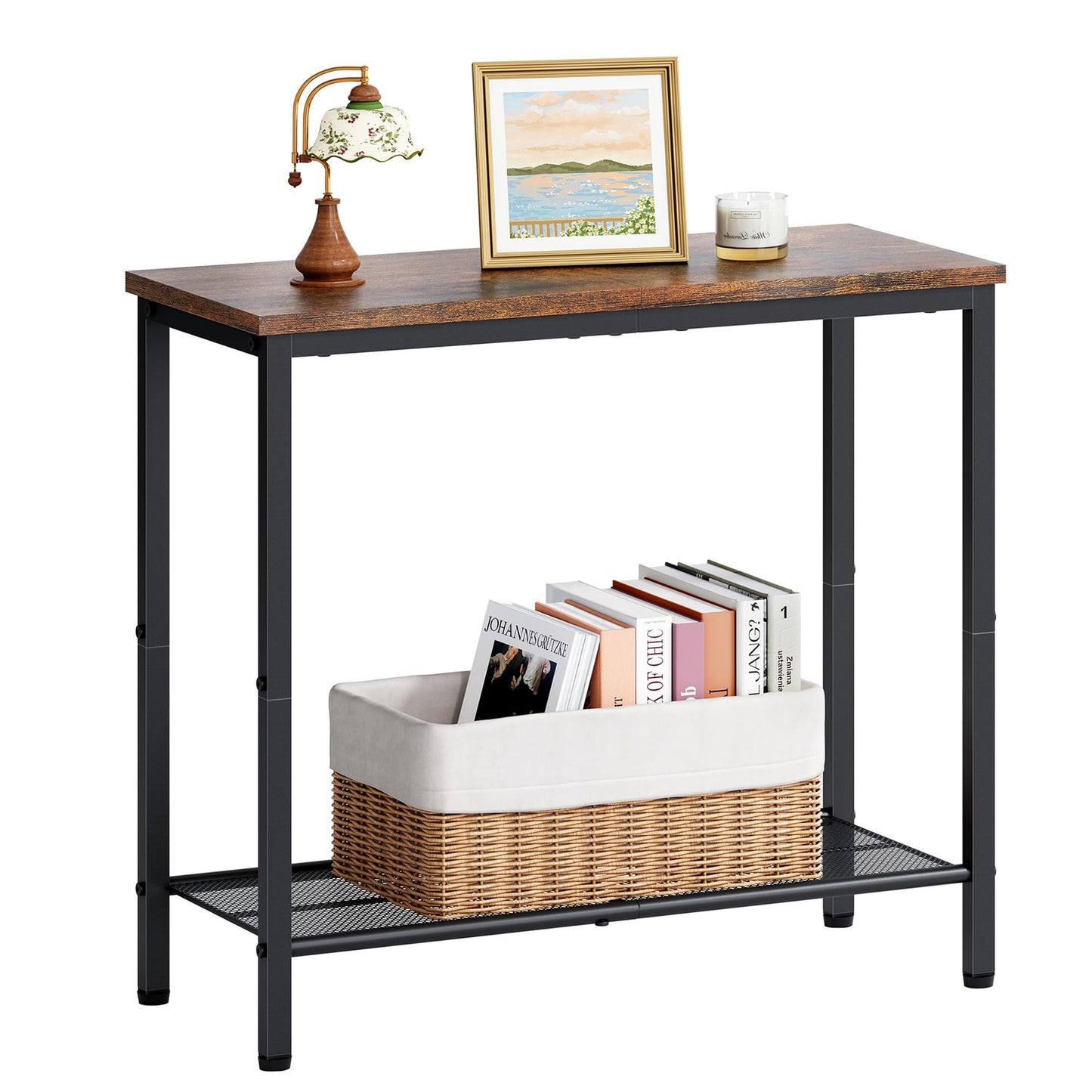 Hoctieon 2 Tier End Table, Sofa Side Table, Narrow Side Table with Storage, Slim Nightstand for Small Spaces, Metal Frame, for Living Room, Bedroom