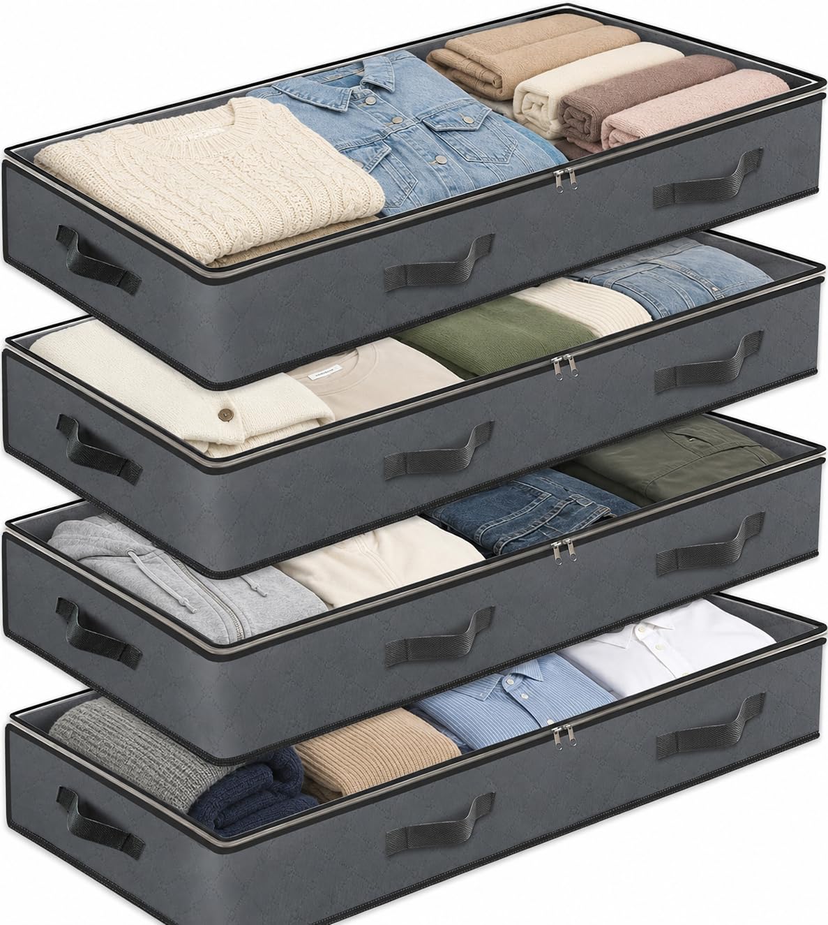 Pack of 4 Under Bed Storage Bags, 100L Large Capacity Underbed Storage Containers with Strong Handles & Clear PVC Window