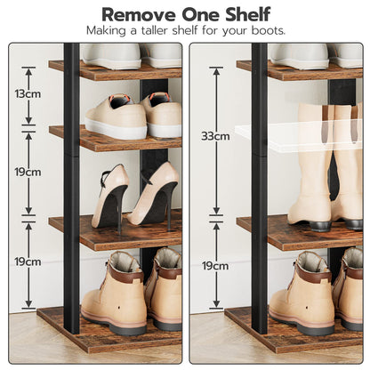 HOOBRO Shoe Rack Wooden, Tall Shoe Rack, Narrow Shoe Storage Organizer with 2 Hooks, Slim Narrow Shelf, Vertical Tower for Entrance, Living Room