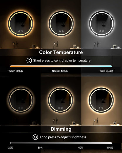 Dripex 500mm Round Bathroom Mirror with LED Light, Illuminated Circle Wall Mounted Vanity Makeup Mirror with Demister, Anti-fog, 3-Color Dimmable LED