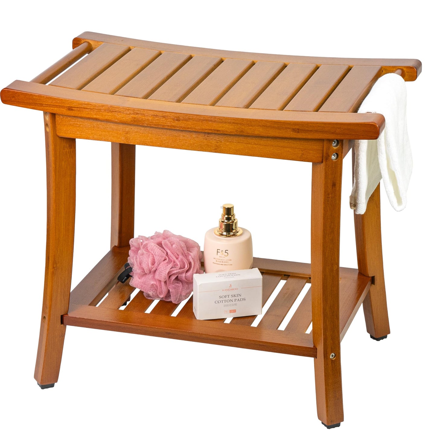 Utoplike Bamboo Shower Bench for Inside, Brown Bathing Stool with Handles, Storage Shelf, Wooden Bathroom Seat for Toiletries organisation and Bedroom
