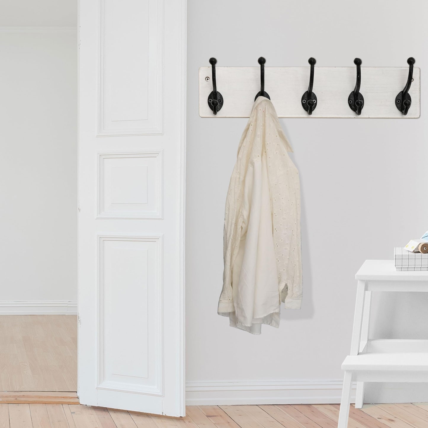 WEBI Rustic Coat Rack Wall Mount,5 Cast Iron Coat Hooks Wall Mounted,Heavy Duty Wall Coat Hanger Hooks for Hanging Coats,Clothes,Black on White,2