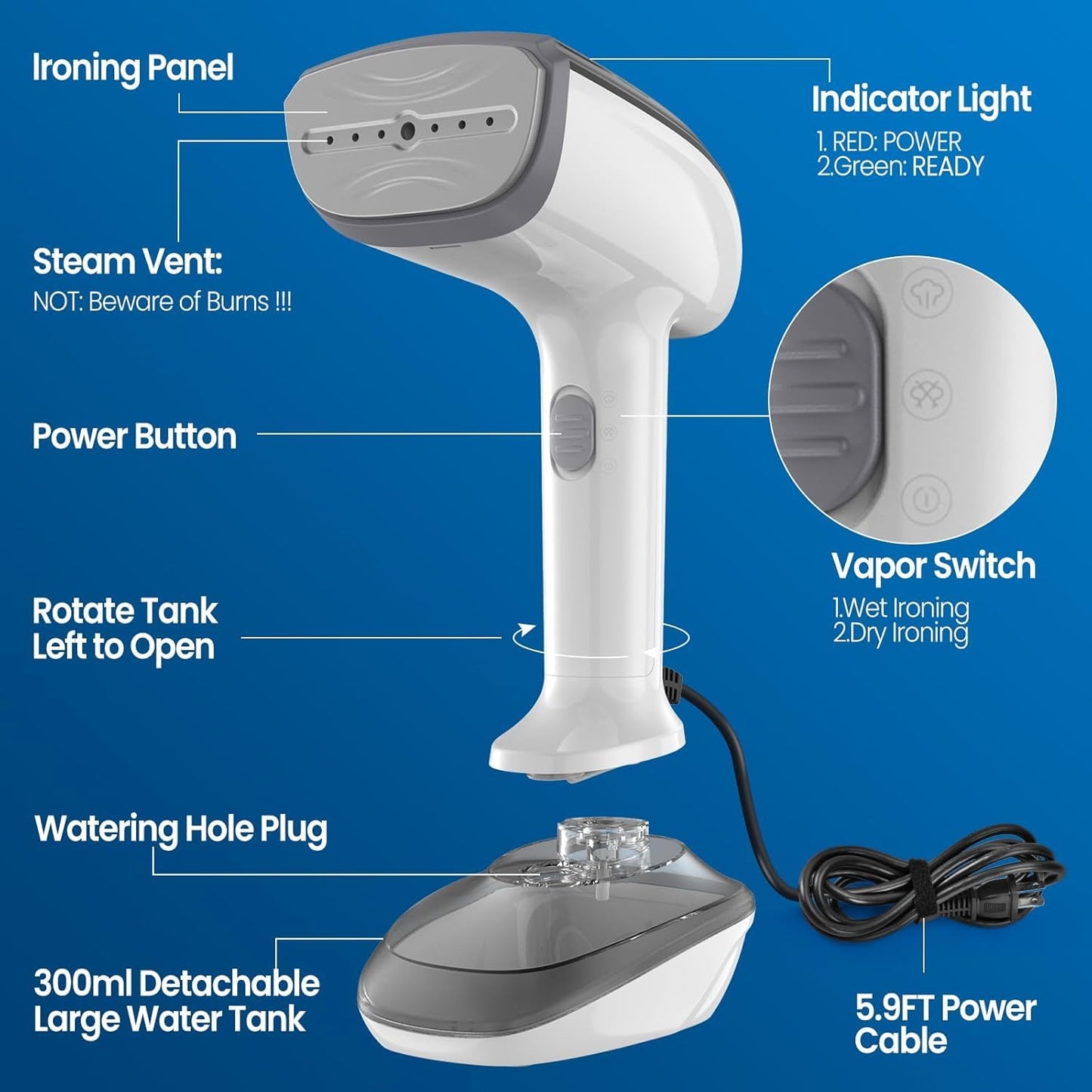 Powerful Handheld Fabric Steamer - 1800W with Fast Ceramic Heat-Up Plate, 2-in-1 Ironing & Wrinkle Remover, Steam Nozzle, Lint Brush - White, 220V
