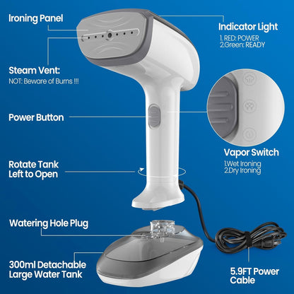 Powerful Handheld Fabric Steamer - 1800W with Fast Ceramic Heat-Up Plate, 2-in-1 Ironing & Wrinkle Remover, Steam Nozzle, Lint Brush - White, 220V