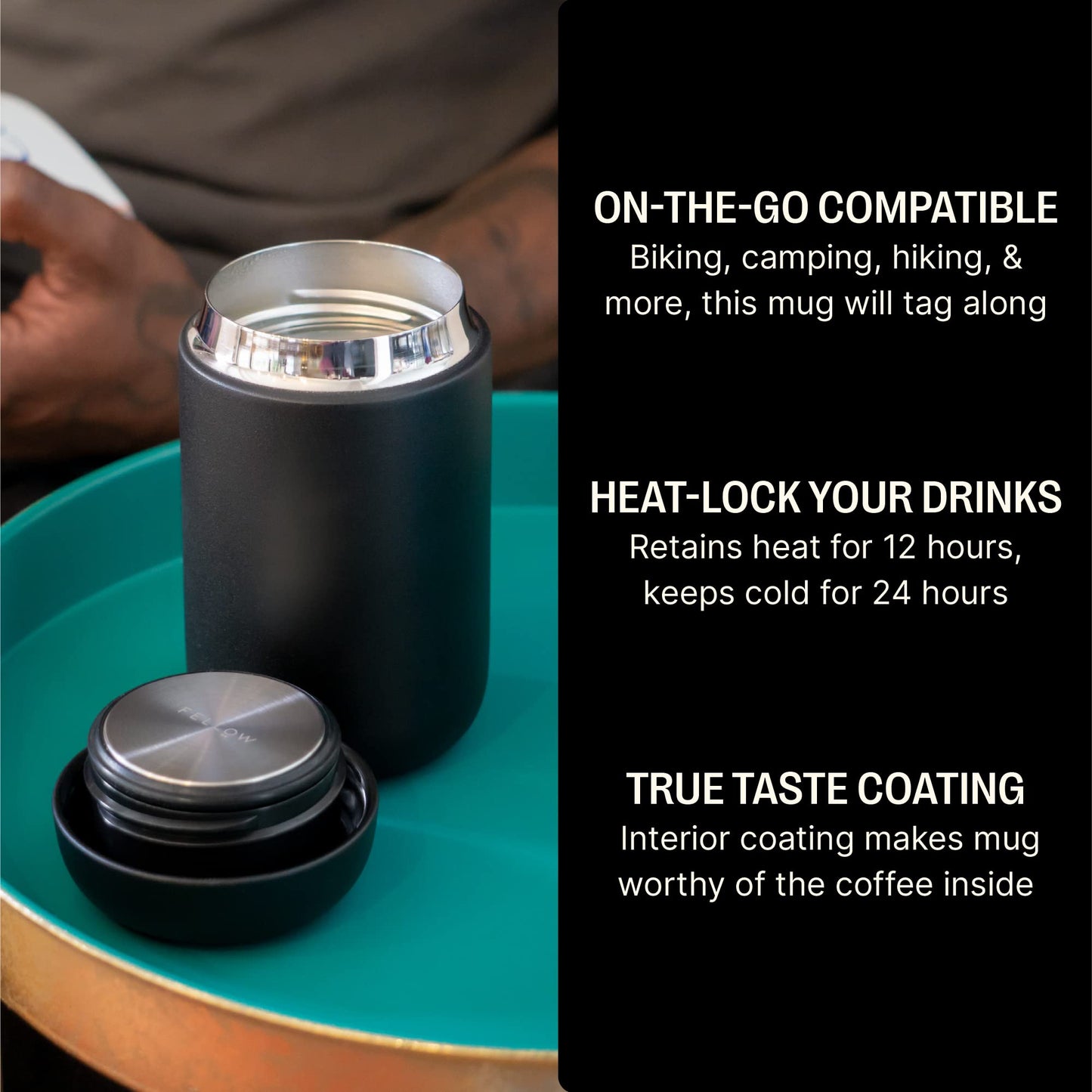 Fellow Carter Move Travel Mug - Wide Mouth Vacuum-Insulated Stainless Steel Coffee and Tea Tumbler with Ceramic Interior, Matte Black, 16 oz Cup