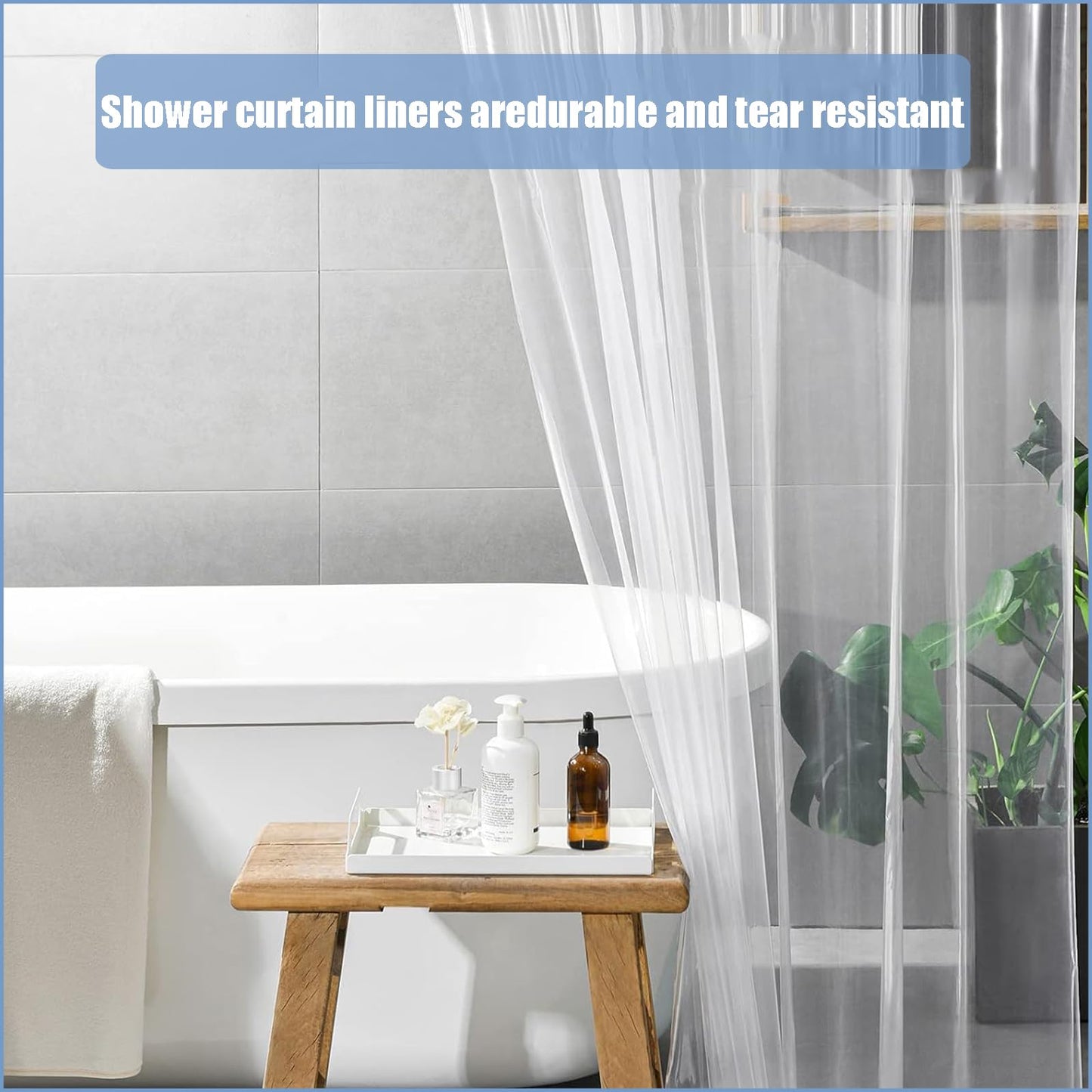 PEVA Shower Curtain 180x180cm,Heavy Duty Plastic Grey Spliced Weighted Shower Curtains Mould Proof Resistant Waterproof Bath Curtain with 3 Magnets