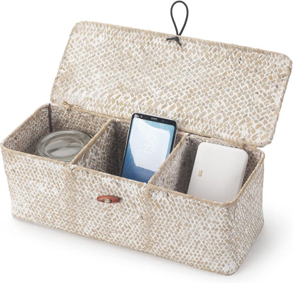 Seagrass Bathroom Storage Basket with Lid, Wicker Toilet Tank Basket, Woven Storage Box with 3 Compartments for Organizer (White, 13 x 13 x 11 cm)