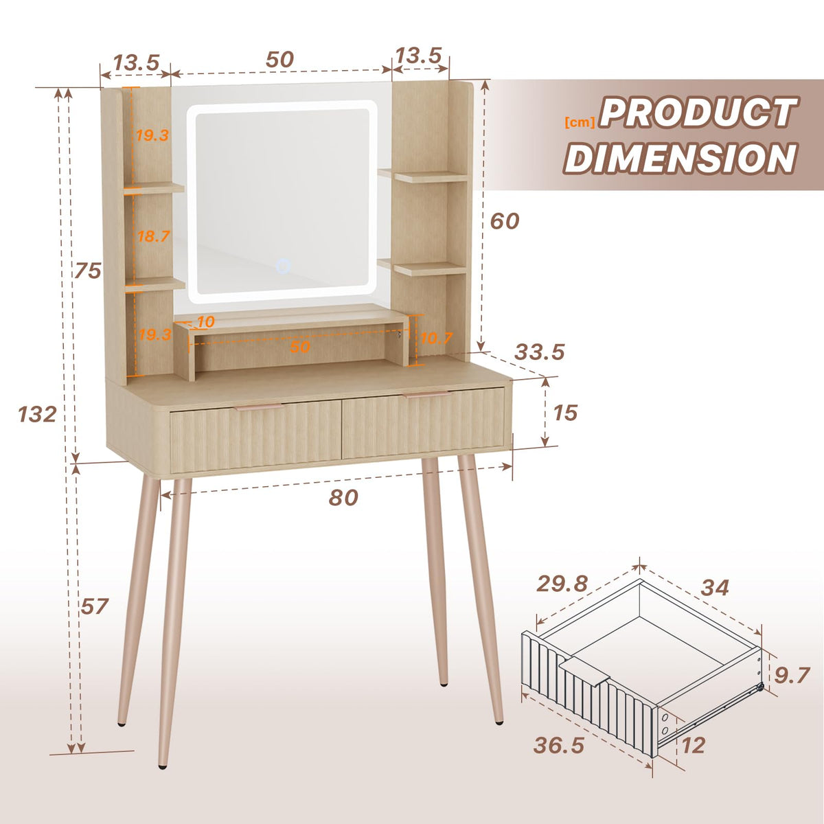 IKALIFE Wooden Dressing Table with Mirror and Lights, Small Vanity Table
