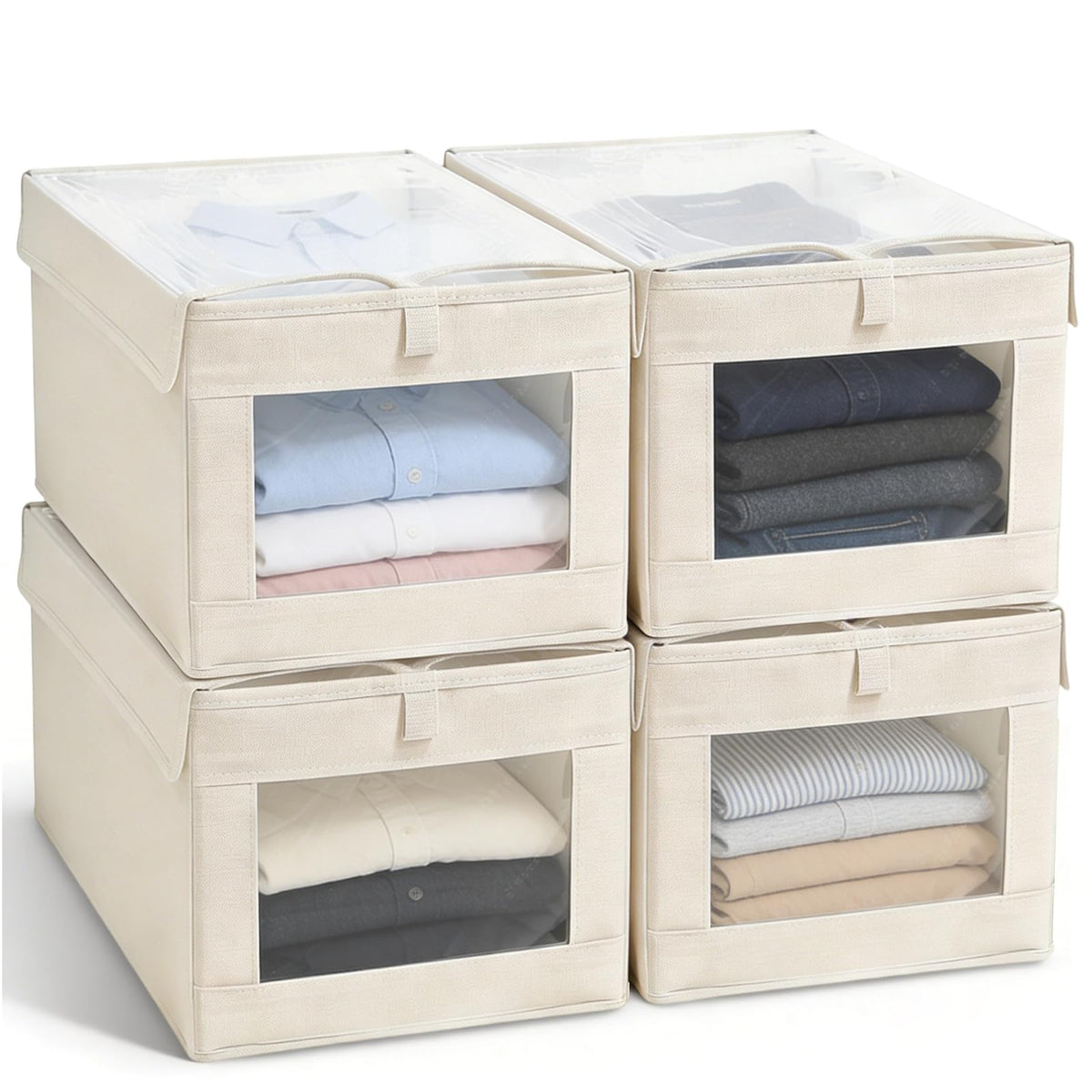 YTSMFL Wardrobe Storage Organiser Foldable, 4 Pack Storage Boxes with Lids Foldable Storage Cubes with Transparent Window Fabric Storage Organiser