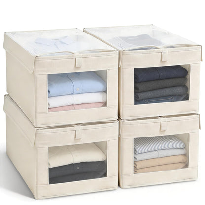 YTSMFL Wardrobe Storage Organiser Foldable, 4 Pack Storage Boxes with Lids Foldable Storage Cubes with Transparent Window Fabric Storage Organiser