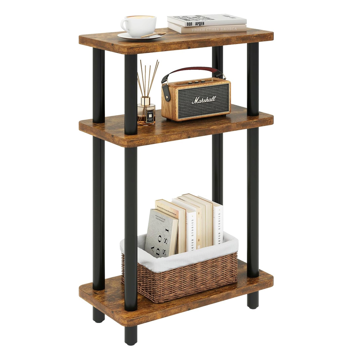 IBUYKE Narrow Side Table, 3-Tier End Table with Storage Shelf Black, Slim Small Table, 40x18x62.5cm,Thin Nightstand Bedside Table for Living Room