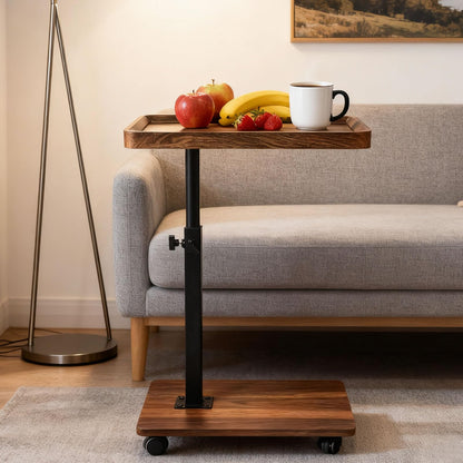Adjustable Height C Shape Side Table,with 360 Degree Rotating Wheels ,Multifunctional Sofa Bed Side Table(Walnut Brown )