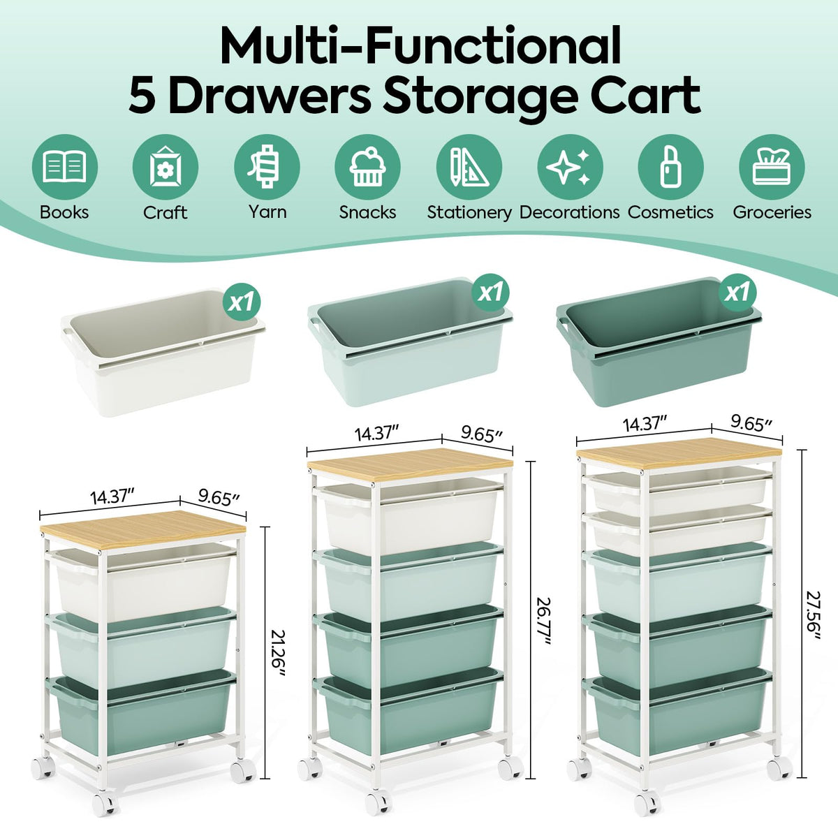 KINGBOARD 3 Drawers Storage Trolley on Wheels, Green