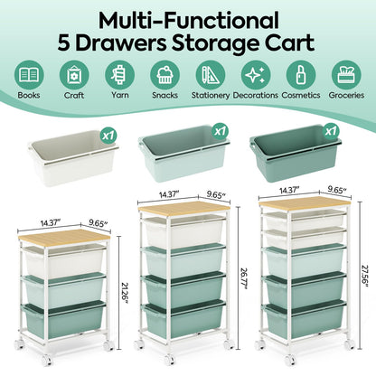KINGBOARD 3 Drawers Storage Trolley on Wheels, Green