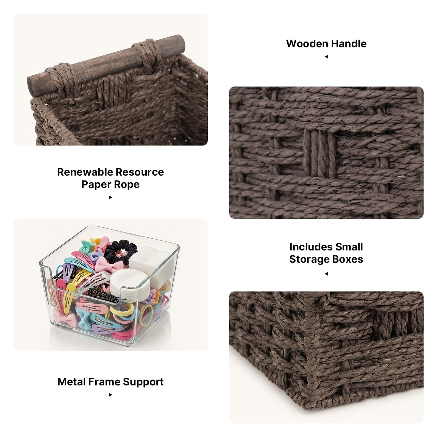 Paper Rope Storage Wicker Baskets for Toilet Tank Top with Wooden Handle Small Decorative Organizer Bin Rectangular Tray for Countertop Shelf Brown