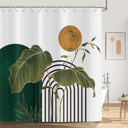 ASDCXZ Boho Shower Curtain 180x200 cm, Modern Abstract Art Green Gold Tropical Leaves Sun White Bath Washable Shower Curtains Polyester Textile